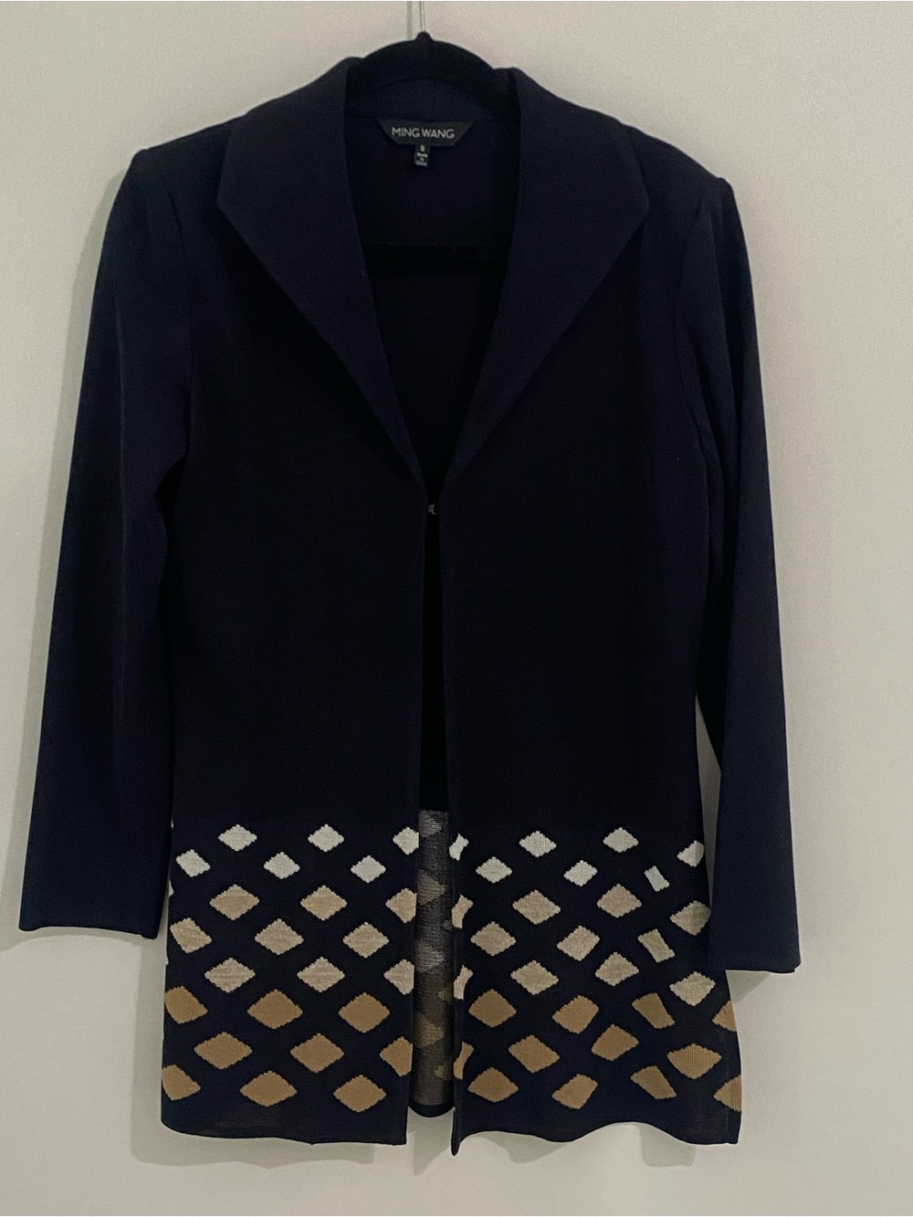 Ming Wang Navy Long-Sleeve Knit Cardigan with Diamond Hem Pattern-Size Small